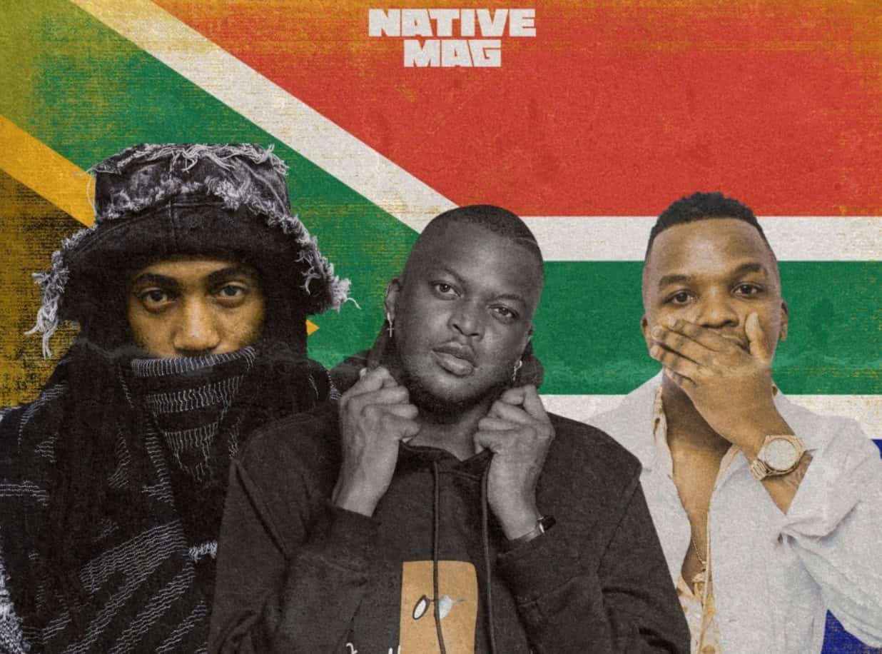 Three South African dancers in front of a South African flag, showcasing modern dance culture.