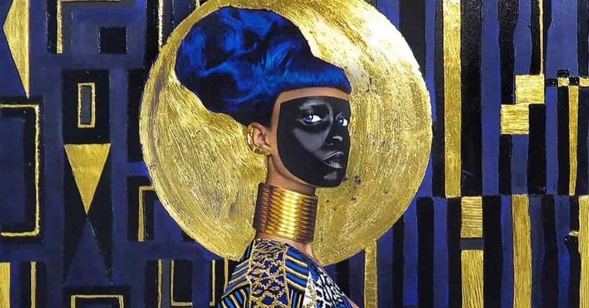 African woman with traditional headwrap and gold jewelry, inspired by contemporary African art.