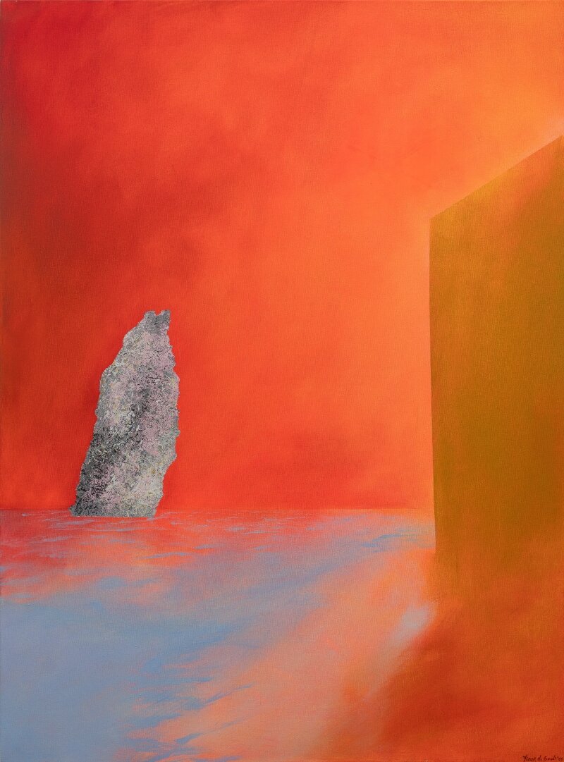 Abstract painting of a coastal scene with vibrant orange and blue hues.
