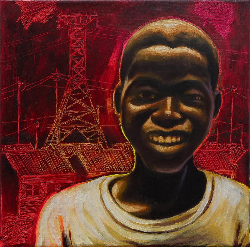 Portrait of a smiling young man with a bright background featuring power lines and buildings.