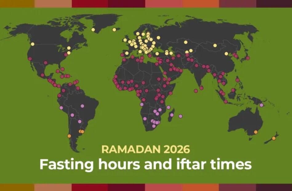 World map showing Ramadan fasting hours and Iftar times worldwide for 2026.