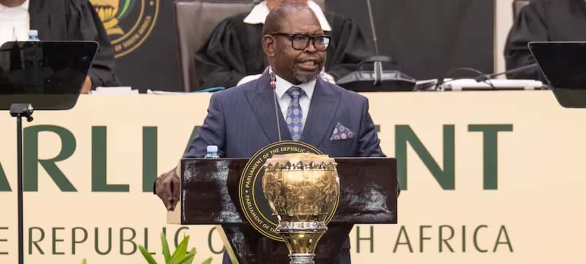 South African official delivering budget speech at parliament.
