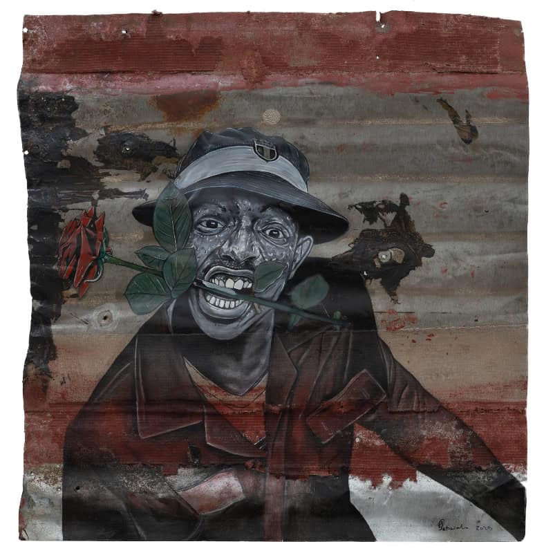 Artistic mural of a smiling person with a hat and rose, displayed at Ava Gallery for art appreciatio.