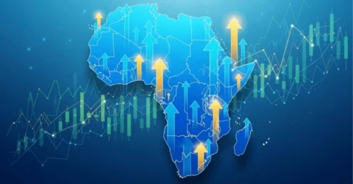 Africa map with upward arrows symbolizing market growth and U.S. diplomatic efforts.