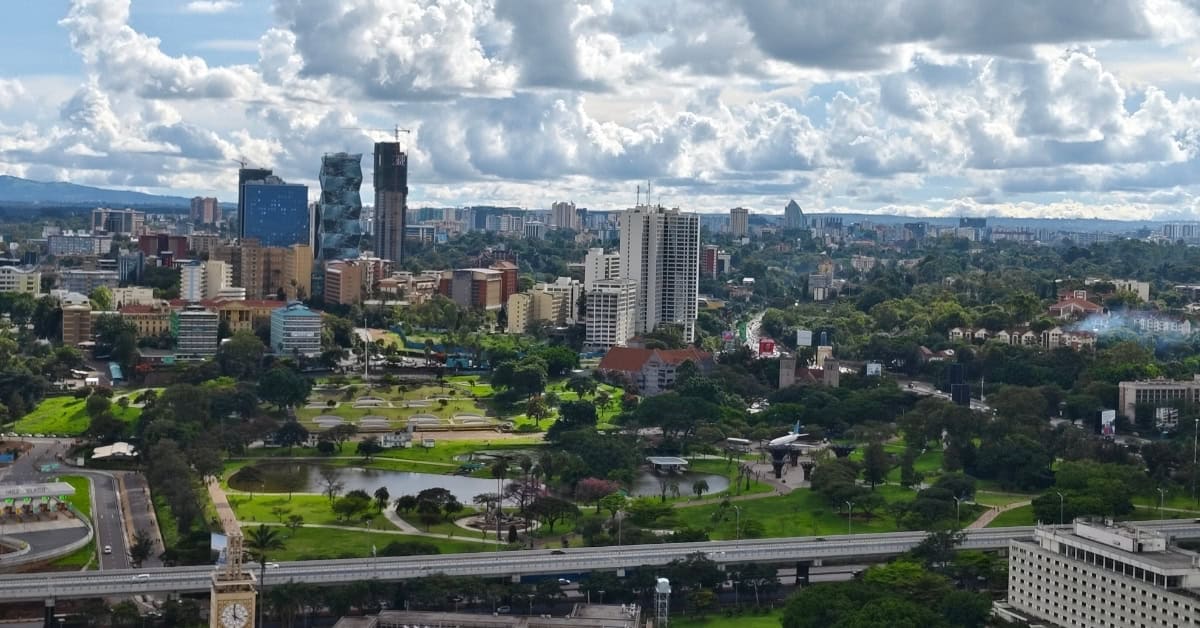 Nairobi skyline featuring lush parks, skyscrapers, and urban development in Kenya's capital city.