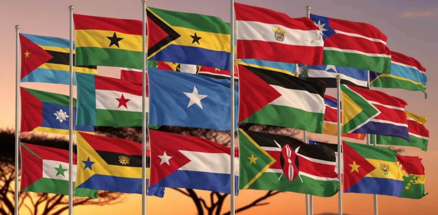 Flags of African countries flying at sunset, representing economic leaders in Africa.
