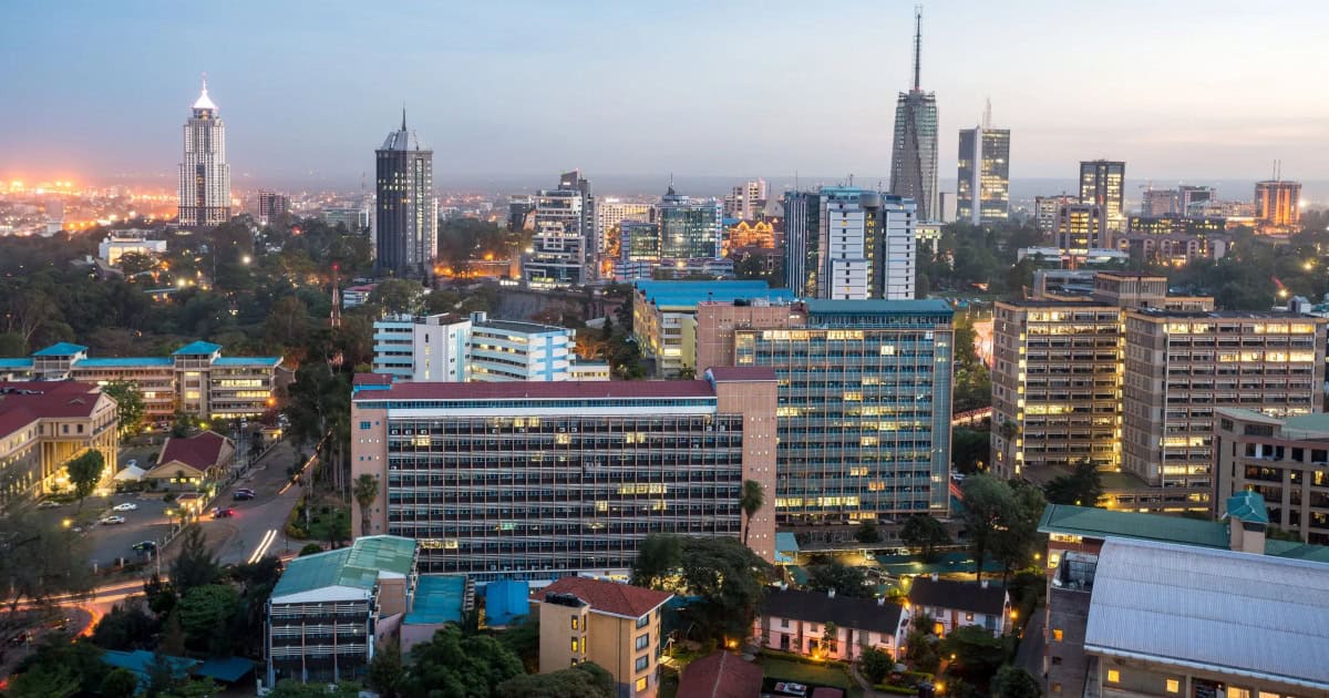 Nairobi city skyline with modern buildings and skyscrapers at sunset.