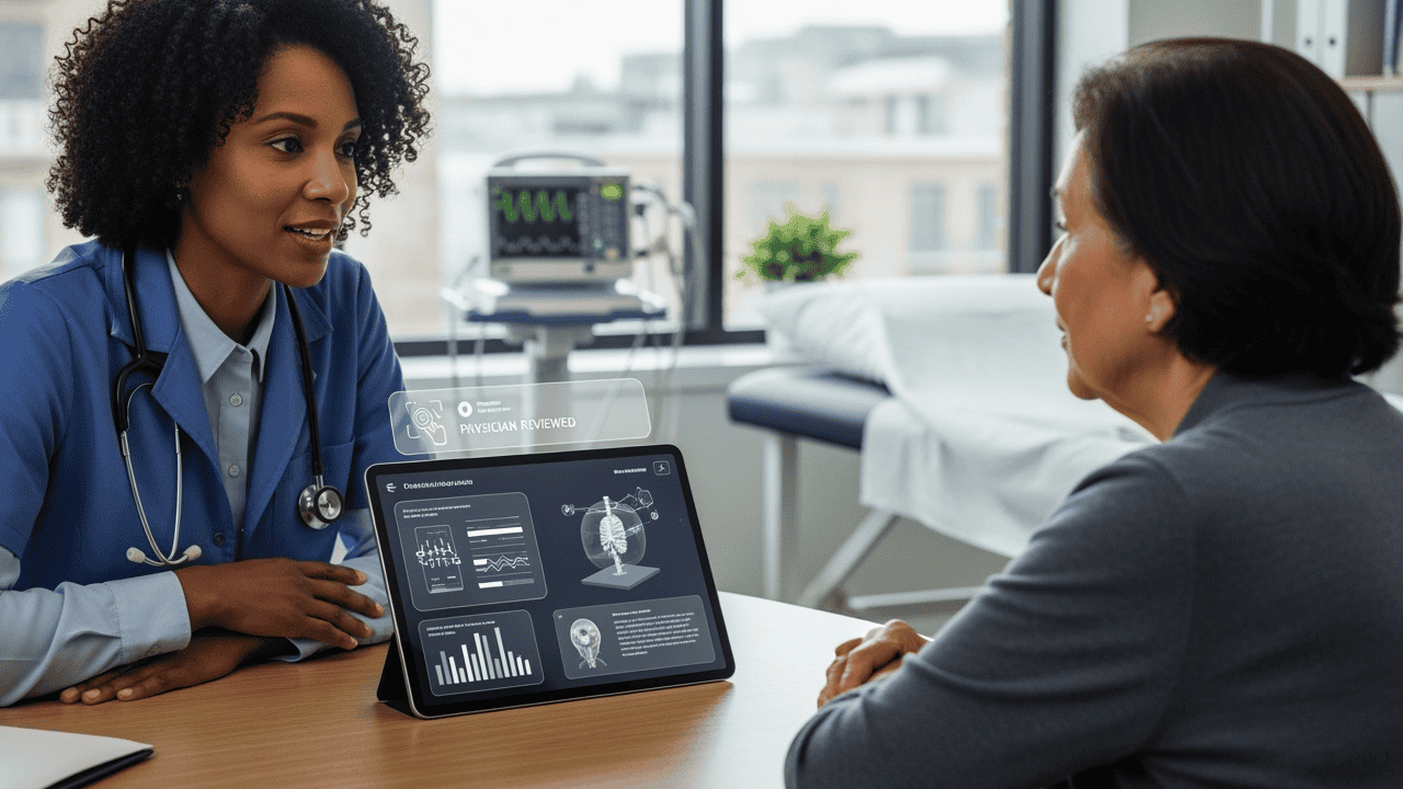 Healthcare professional discussing digital health solutions with patient.
