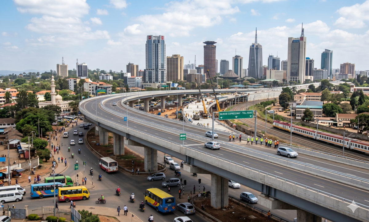 Modern Johannesburg skyline with highway and cityscape.
