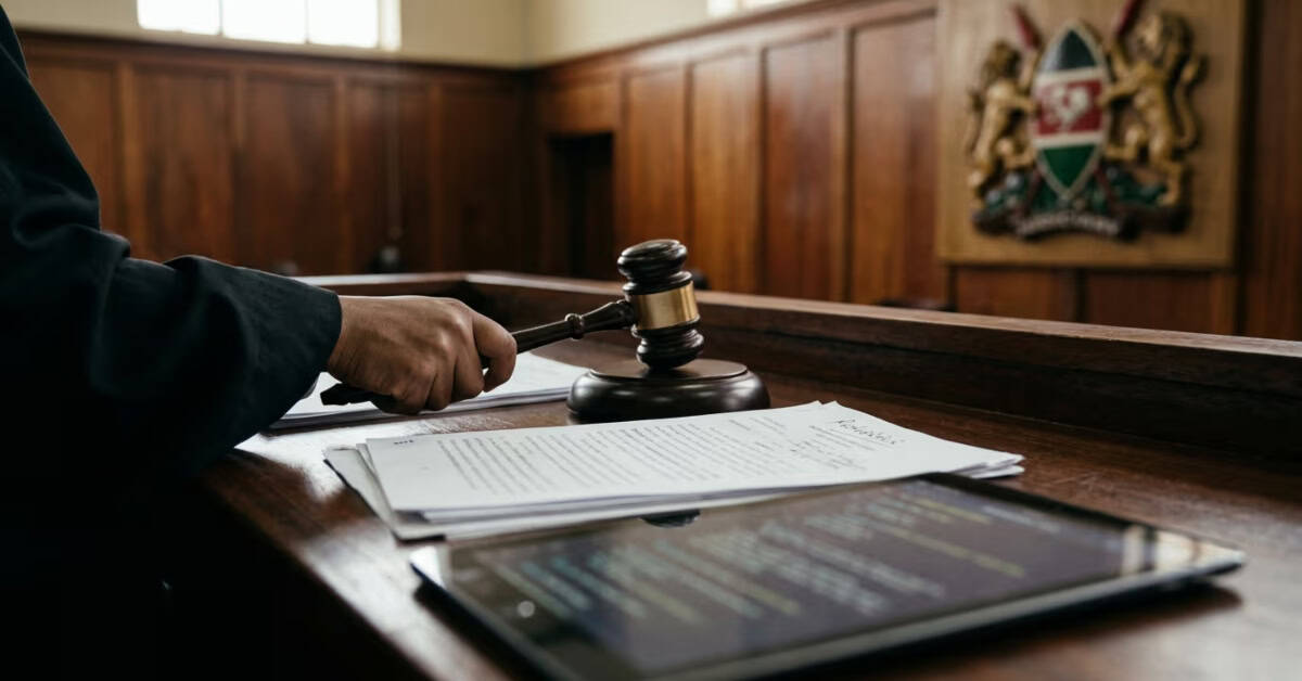 Gavel and legal documents in a Kenyan courtroom setting.