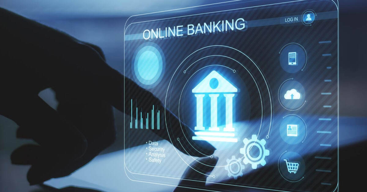 Online banking digital interface with icons and data visualization.