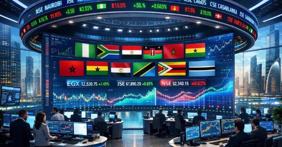 African stock markets display with flags and trading data at quarter's end.