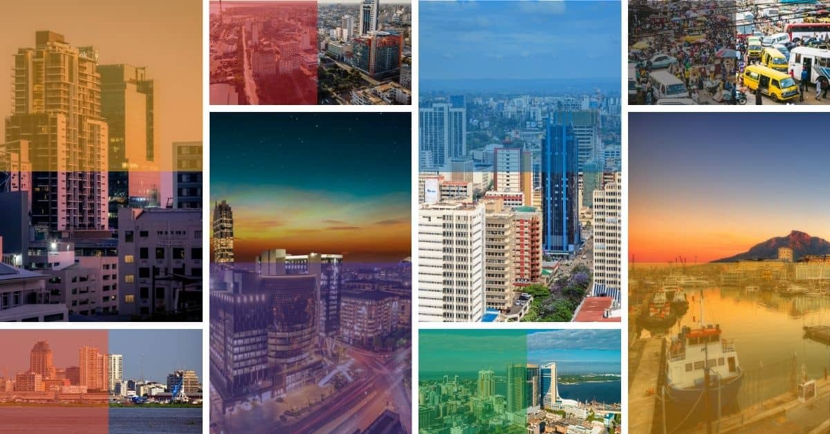 Vibrant city views of African urban areas with skyscrapers and busy streets.