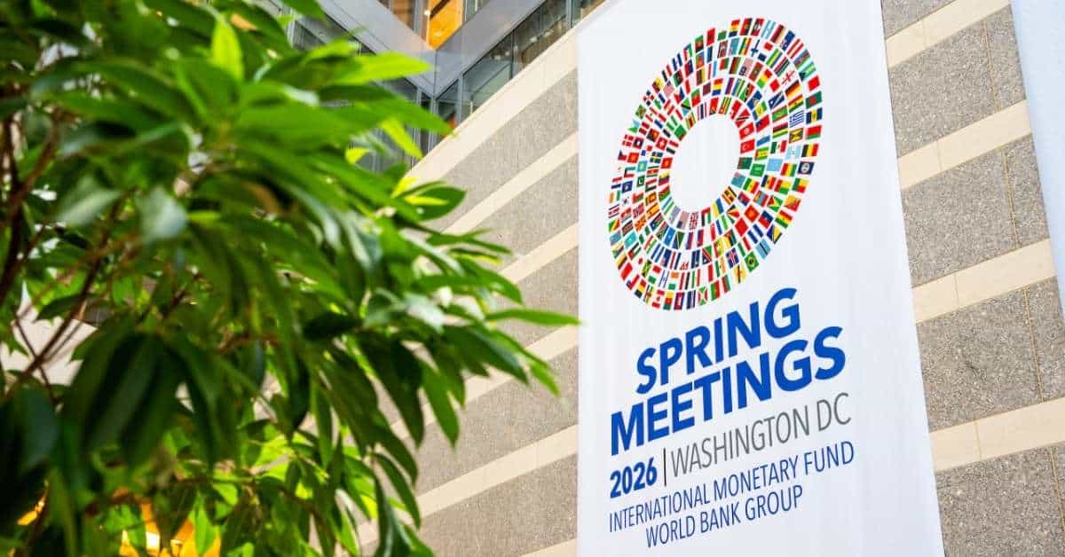 Banner for Spring Meetings 2024 in Washington DC with flags of global nations.