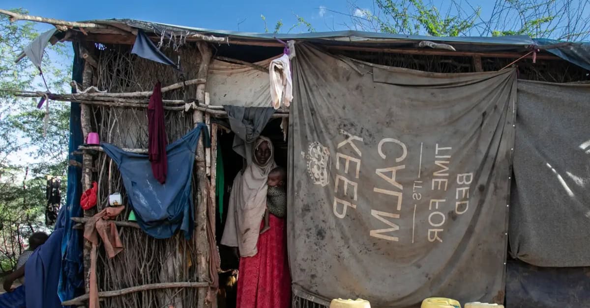 Makeshift housing in an African shantytown with fabric and wood materials.