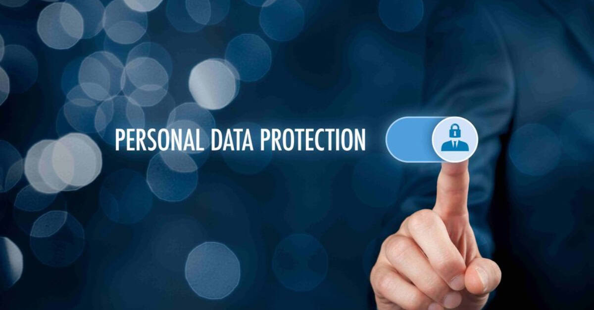 Digital security concept with a finger pressing a lock icon for data protection.