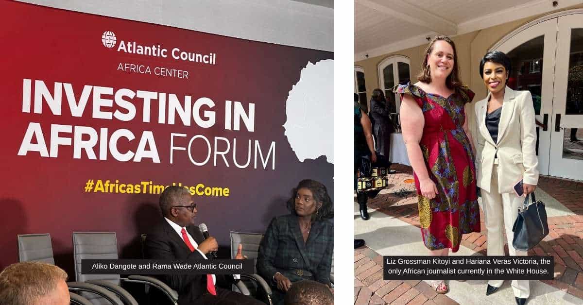 Two women at Africa investment forum discussing development and investment.