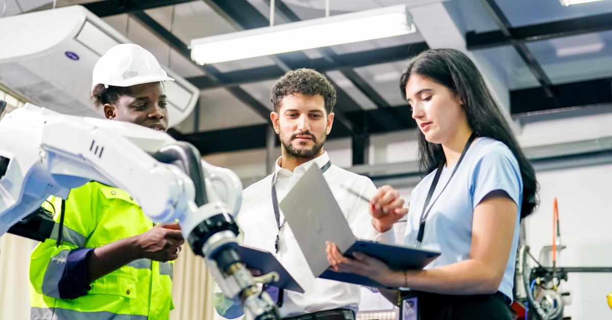 Diverse students working with robotics in a modern engineering lab.
