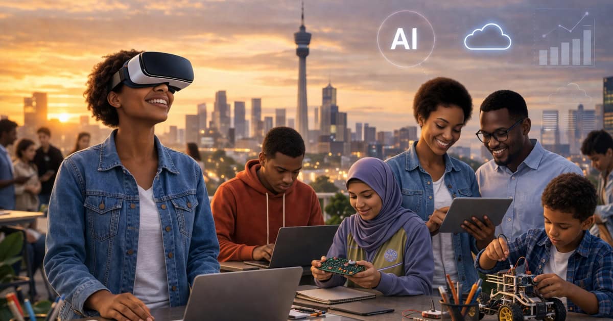 Diverse group using technology outdoors with Johannesburg skyline in background.