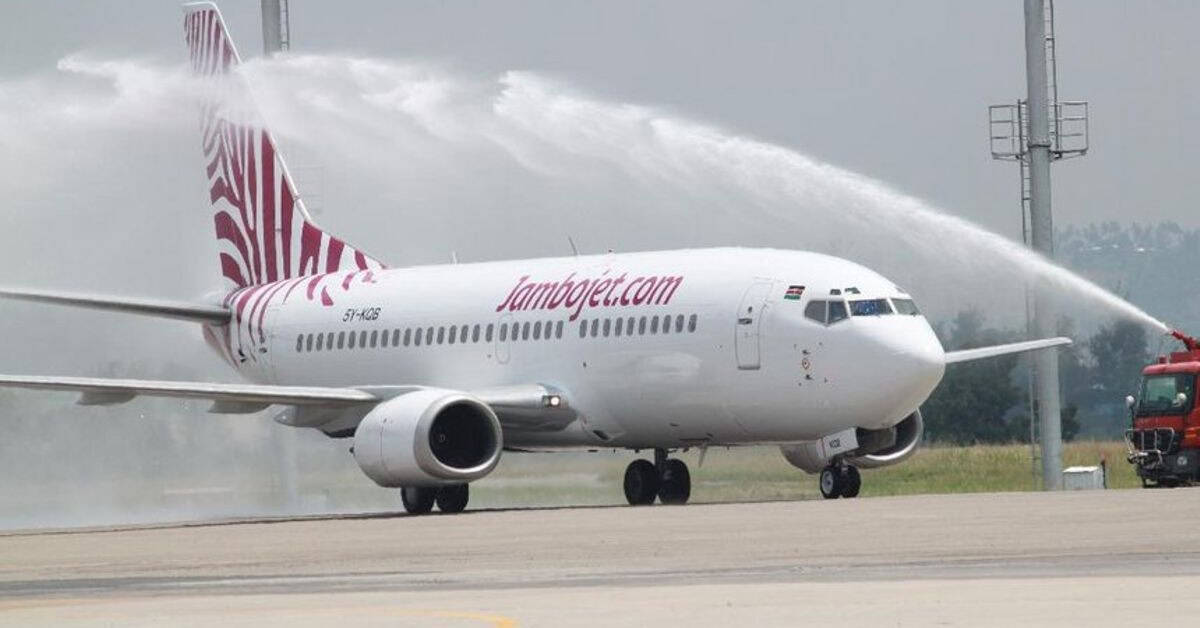 Aircraft water spray during takeoff or landing at an airport.