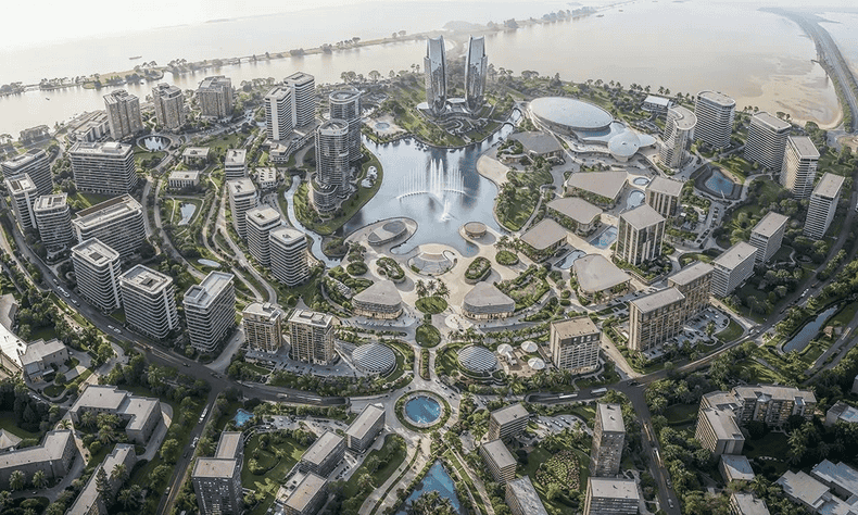 Modern cityscape of Egypt’s ‘The Spine’ development with skyscrapers and water features.