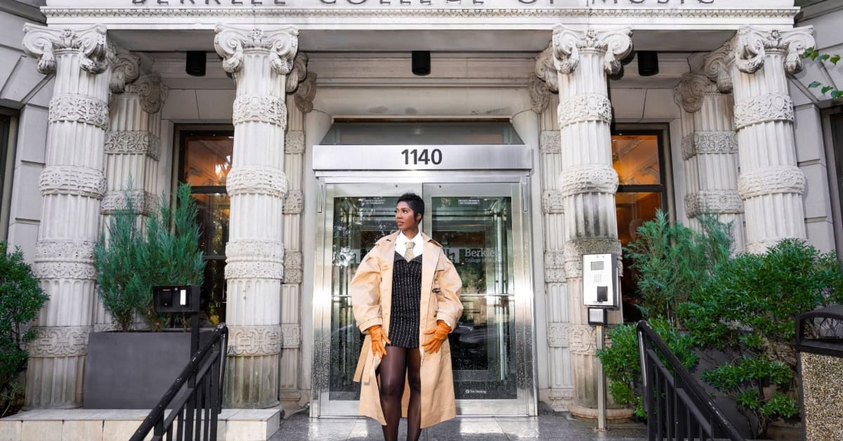 Tiwa Savage standing outside the Berklee Nigeria 2026 event venue in Lagos, Nigeria.