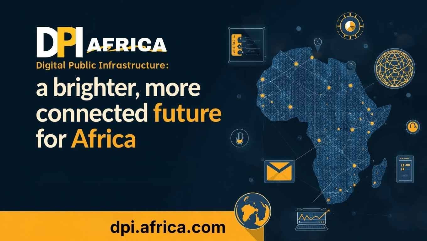Digital infrastructure map of Africa with icons representing connectivity and technology.