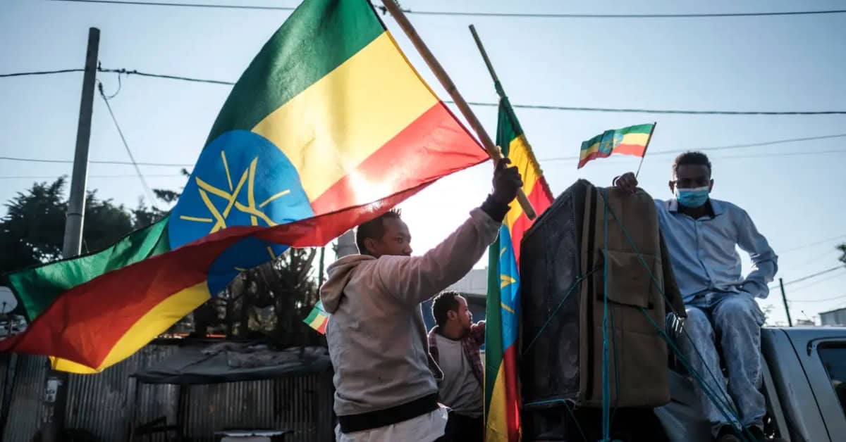 Ethiopian protesters holding flags during a rally.