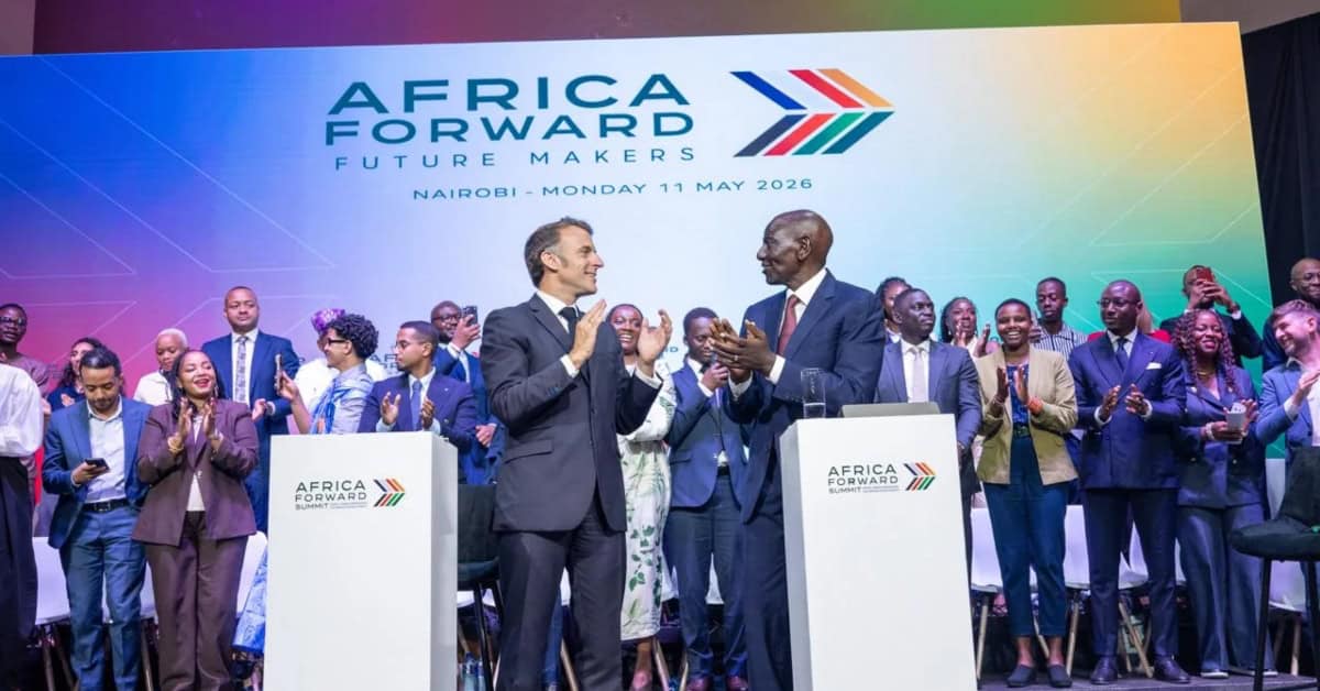 Macron and African leaders at Nairobi Summit unveiling €23B investment plan.