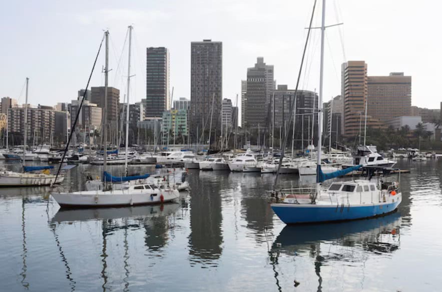Sailboats docked in a harbor with a modern city skyline in the background.