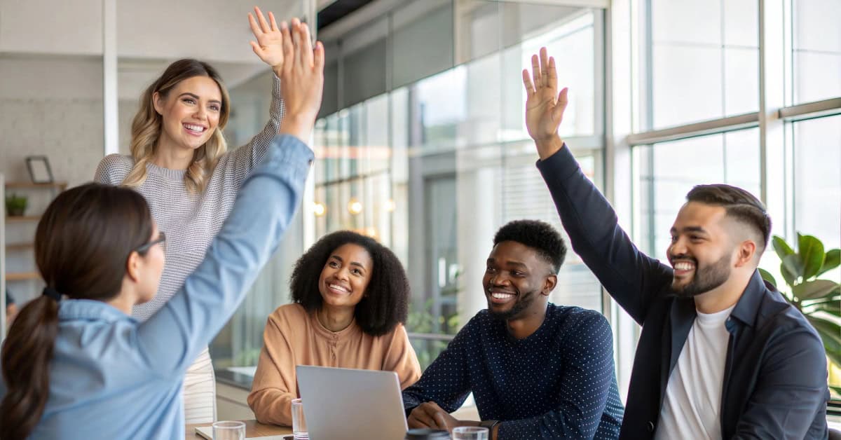 Business team members raising hands during a meeting for active participation.
