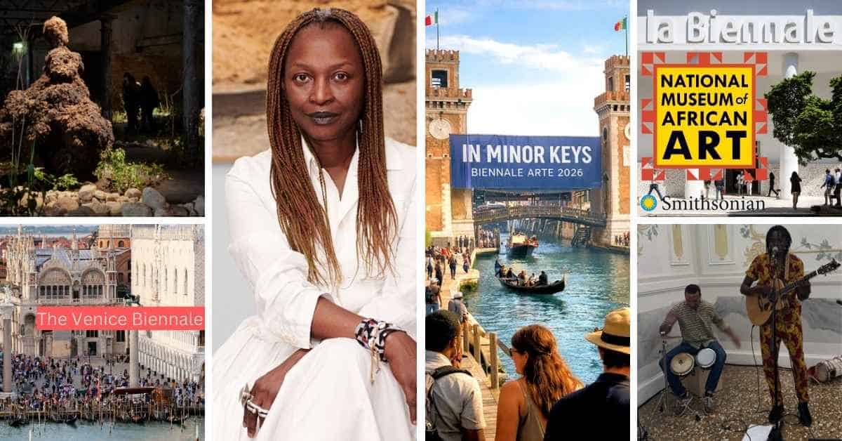 African woman at Venice Biennale with art and cultural exhibits.