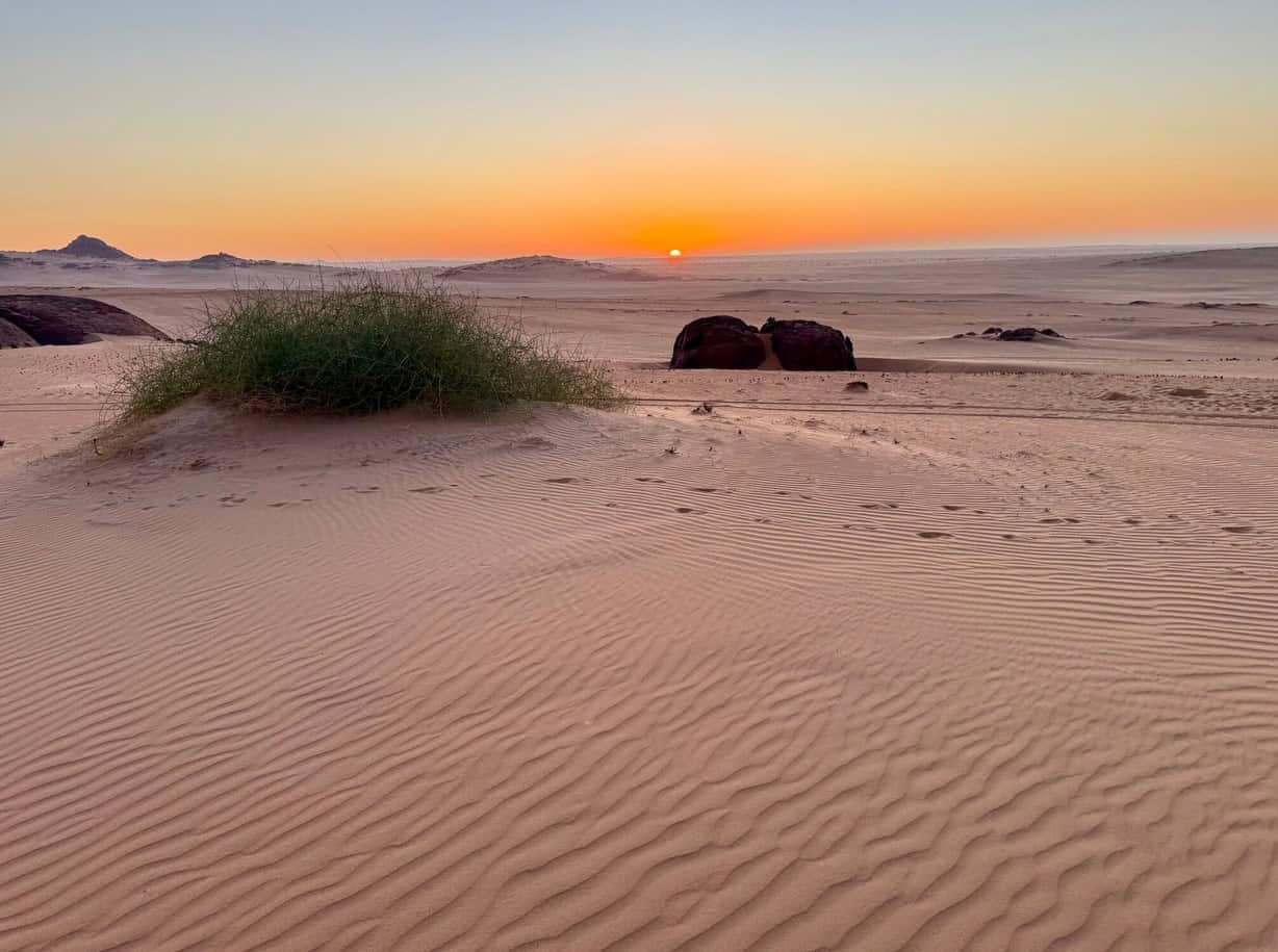Desert landscape of Namibia’s Skeleton Coast with dunes and rocks at sunset.