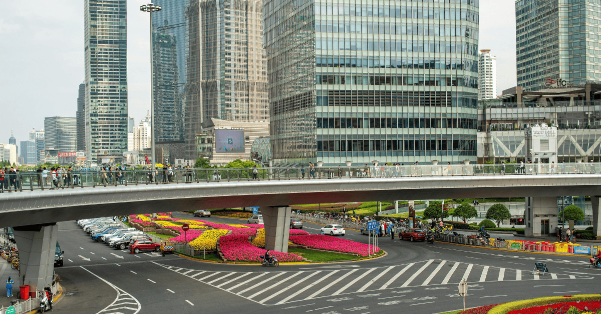 Modern cityscape with skyscrapers and busy streets in Africa.