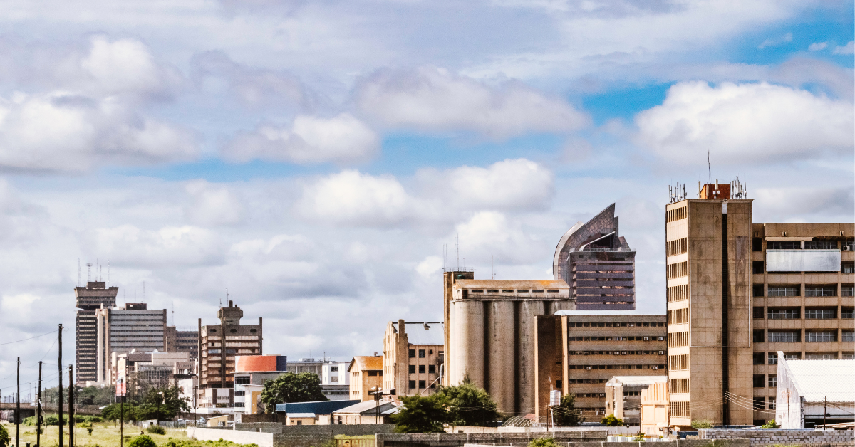 Cityscape of Lusaka, Zambia with modern skyscrapers and urban development.