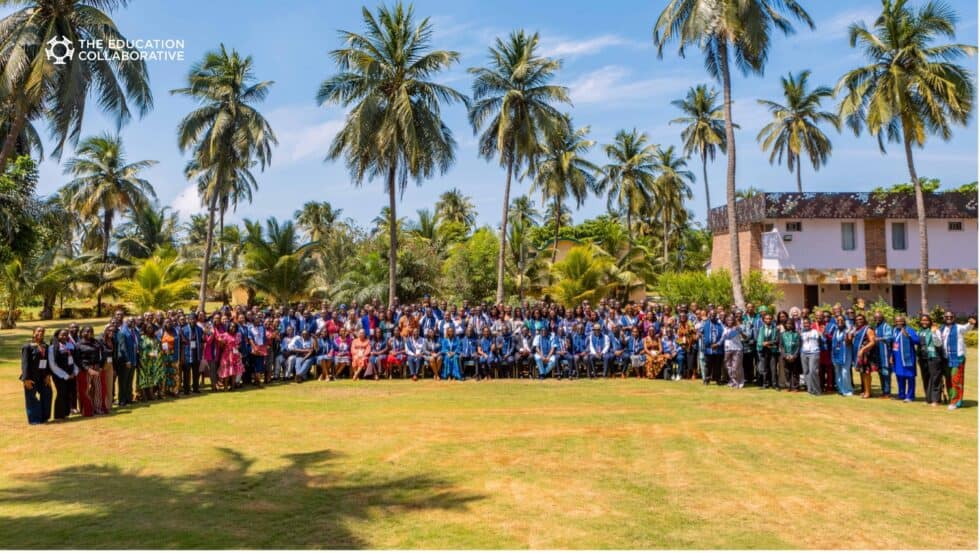 Students and educators assemble outdoors in West Africa for a higher education conference.