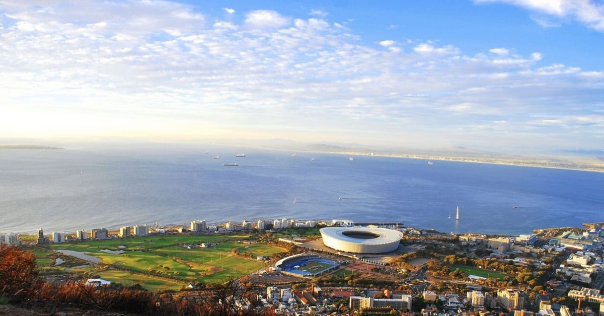 Cape Town stadium with ocean view and cityscape in South Africa.