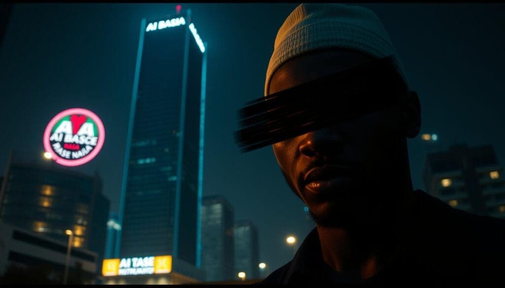 A Nigerian citizen, their face partially obscured by an ominous digital glitch, stands in a dimly lit urban setting. In the background, a towering skyscraper emblazoned with the "AI Base Naija" logo casts an imposing shadow, symbolizing the looming threat of AI-powered deepfakes. The lighting is dramatic, casting sharp contrasts and deep shadows to convey a sense of unease and uncertainty. The overall atmosphere is one of foreboding, hinting at the potential risks and consequences of this emerging technology for the Nigerian populace.