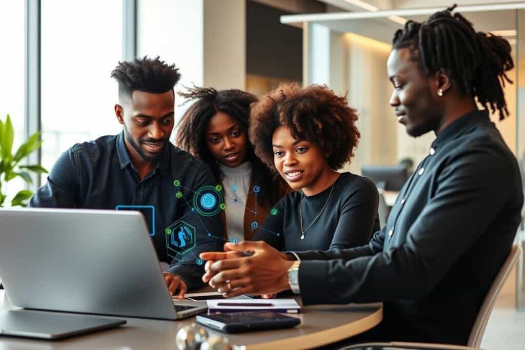 African tech startup team working with AI tools in a modern office space