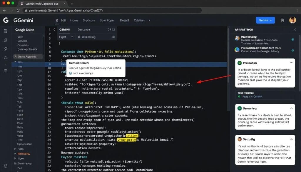 Google Gemini interface showing complex code generation with explanations and reasoning steps