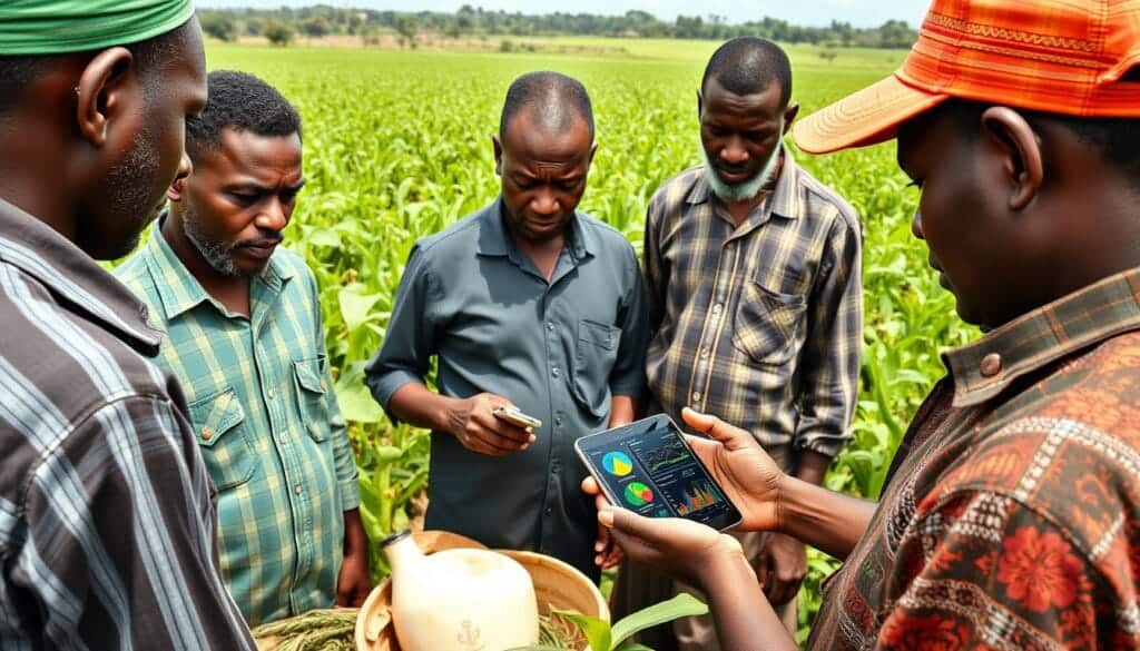 Nigerian farmers using AI-powered crop monitoring tools in rural farmland