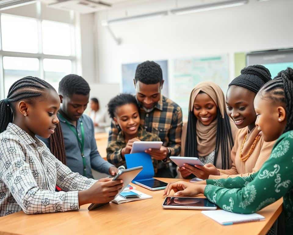 Nigerian students collaborating with AI tools in a modern classroom setting