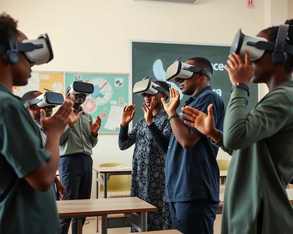 Nigerian students using VR headsets for an immersive AI-powered science lesson