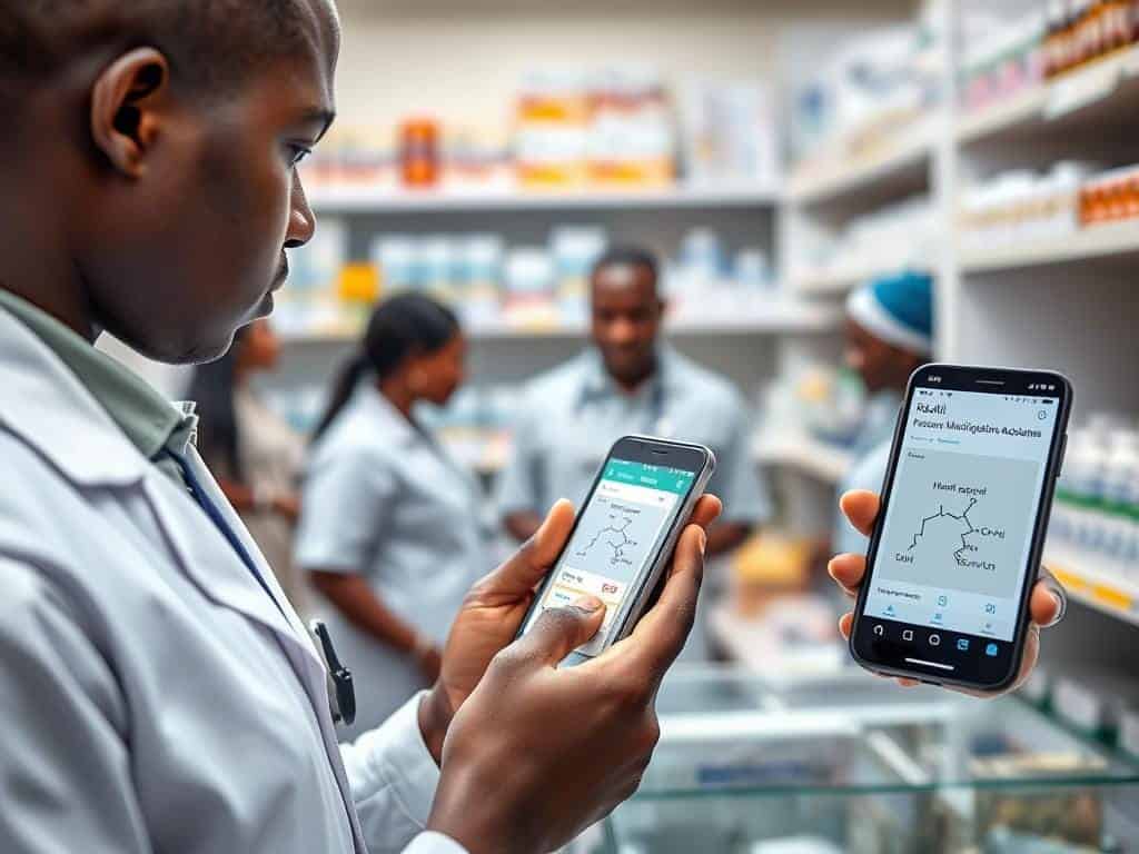 RxAll's AI-powered drug verification system being used in a Nigerian pharmacy