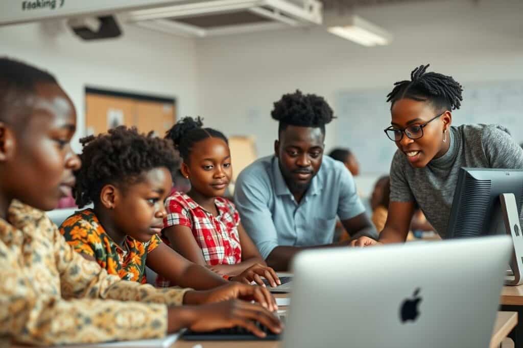 Students in a classroom learning AI skills through Google's education programs