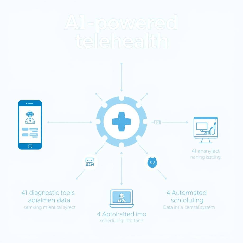 AI-powered telehealth system components showing chatbot interface, diagnostic tools, and remote monitoring