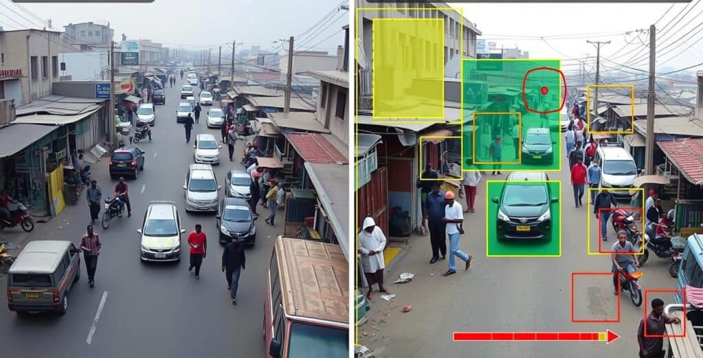 AI system analyzing CCTV footage in a Nigerian urban setting to identify suspicious activities
