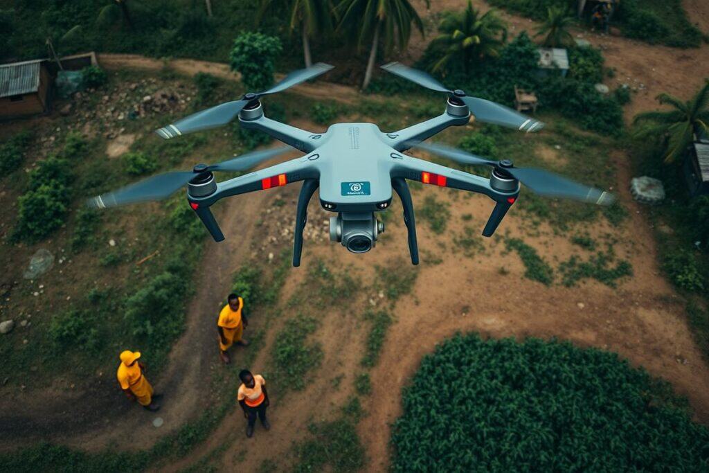 Drone with AI capabilities assisting in search and rescue operations in a Nigerian rural area