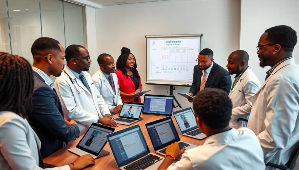 Nigerian healthcare professionals and tech innovators collaborating on AI telehealth implementation