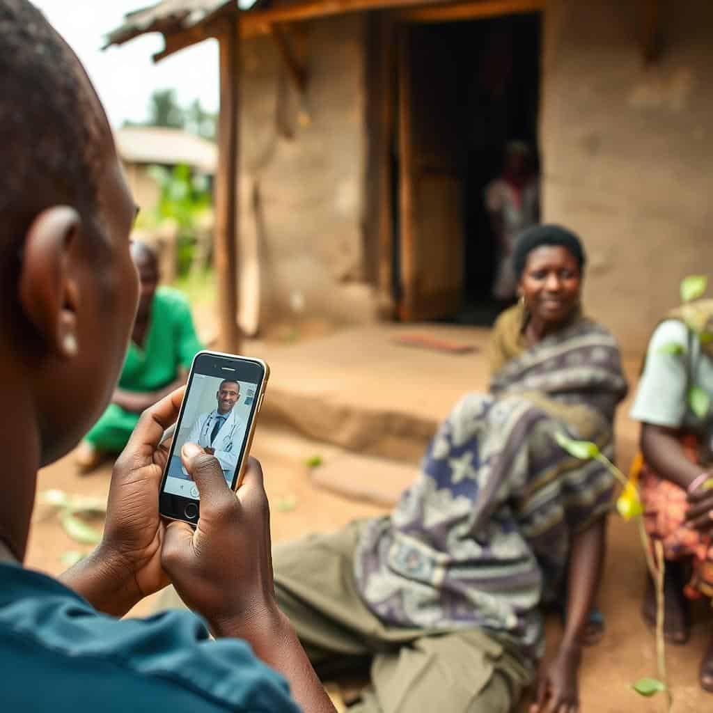 Rural Nigerian community member accessing specialist care via mobile telehealth platform